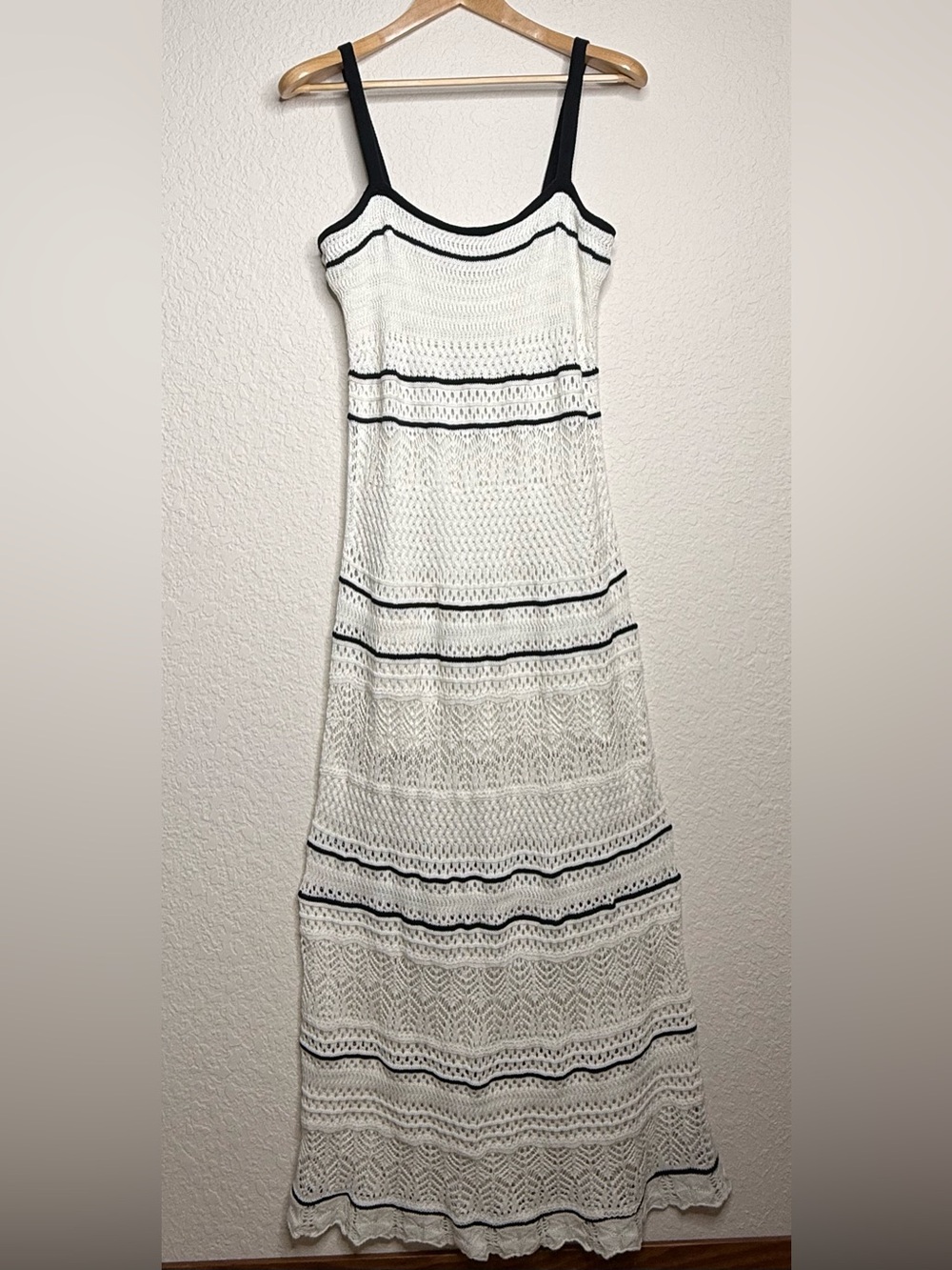 NWT Abercrombie Crochet Maxi Dress Ivory & Black Size L Cotton Boho Cottagecore